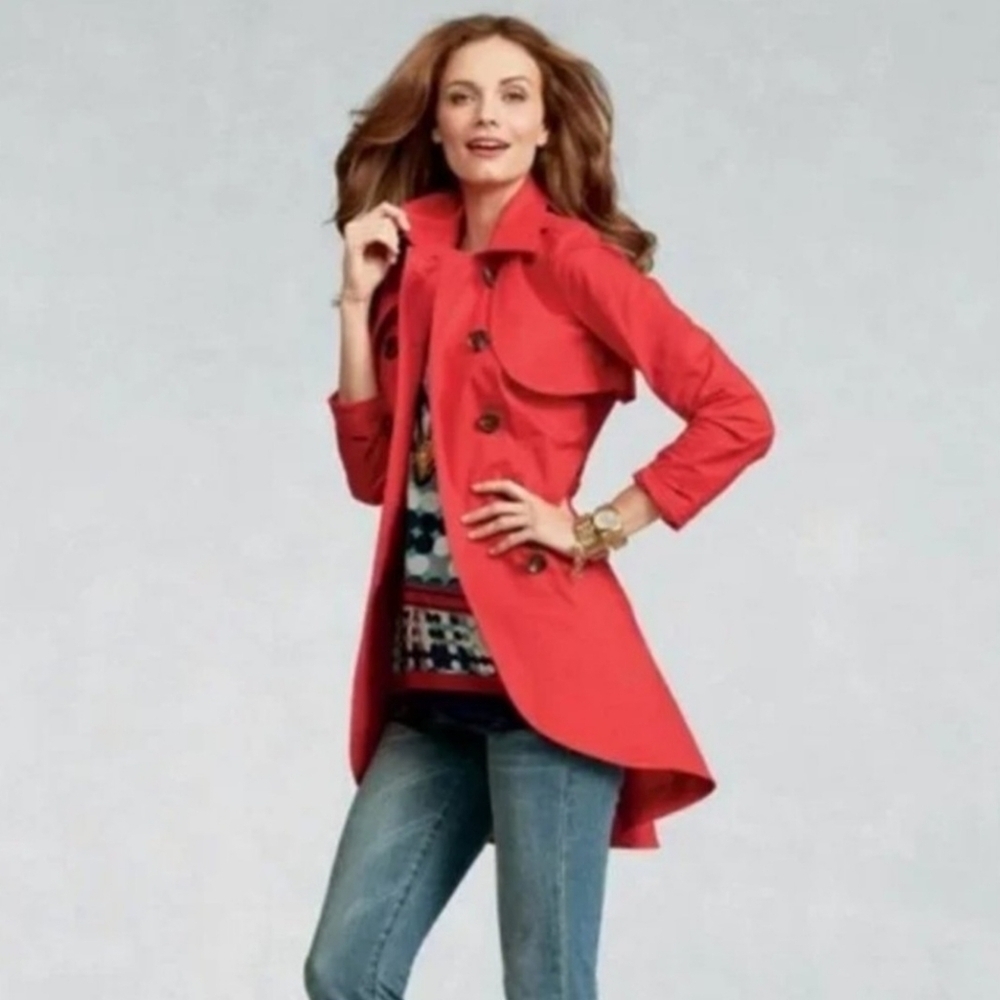 CAbi Convertible Jacket Poppy Red Trench Coat Vest Women's Size 4 Tie Waist EUC